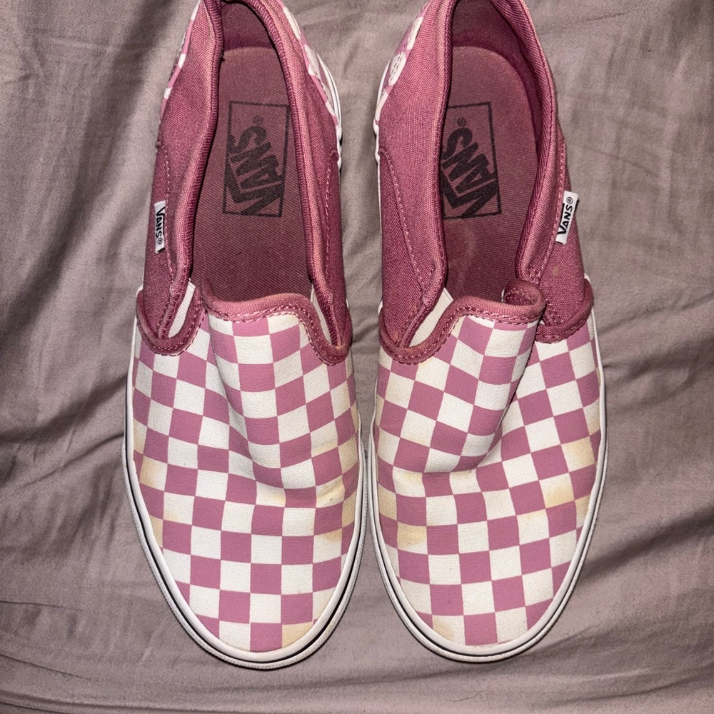 Vans Pink and White Checkered Slip-Ons